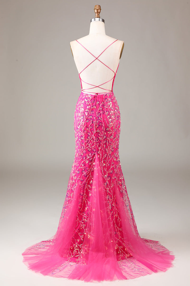 Afbeelding in Gallery-weergave laden, Hete roze pailletten &amp; kralen zeemeermin Prom jurk met Backless