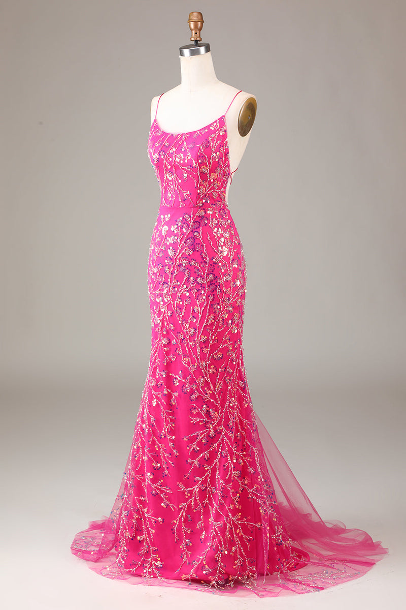 Afbeelding in Gallery-weergave laden, Hete roze pailletten &amp; kralen zeemeermin Prom jurk met Backless