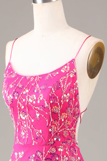 Hete roze pailletten & kralen zeemeermin Prom jurk met Backless