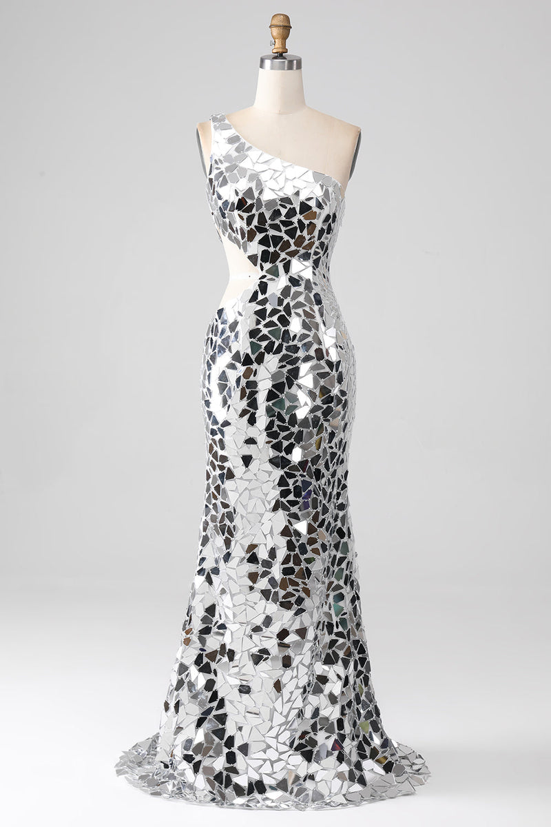 Afbeelding in Gallery-weergave laden, Zilveren spiegel pailletten One Shoulder Prom jurk met Hollow-out