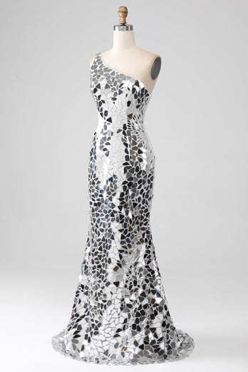 Zilveren spiegel pailletten One Shoulder Prom jurk met Hollow-out