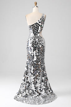 Zilveren spiegel pailletten One Shoulder Prom jurk met Hollow-out