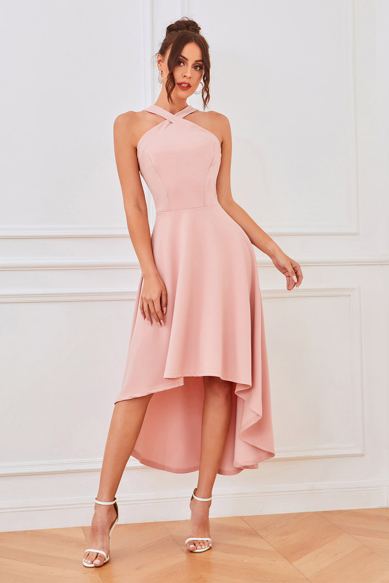 Afbeelding in Gallery-weergave laden, Roze A-lijn Hoog-Laag Halter Homecoming-jurk