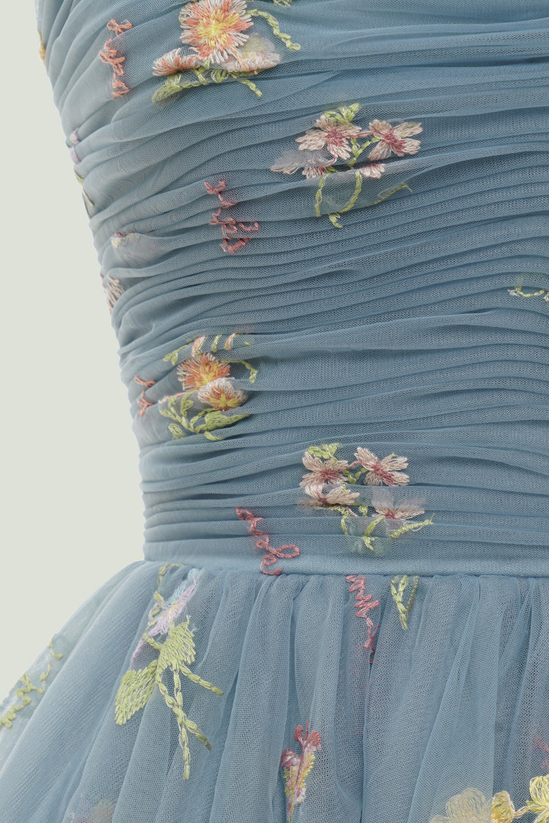 Afbeelding in Gallery-weergave laden, Grijs blauw korte A-lijn Homecoming jurk met borduurwerk