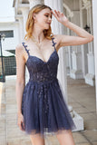 A Line Spaghetti Straps Grijs Kort Homecoming Jurkje met Appliques