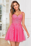 Stijlvolle A Line Spaghetti Bandjes Roze Korte Homecoming Jurk met Appliques