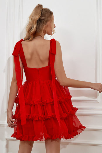 Rode gelaagde korte thuiskomst jurk met strikjes