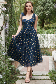 Navy Stars A-Line Thee-Length Galajurk Met Bowknots