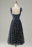 Navy Stars A-Line Thee-Length Galajurk Met Bowknots