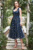 Navy Stars A-Line Thee-Length Galajurk Met Bowknots