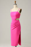 Spaghetti Bandjes Cut Out Hot Pink Bruidsmeisje Jurk met Ruches