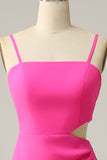 Spaghetti Bandjes Cut Out Hot Pink Bruidsmeisje Jurk met Ruches