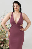 Schede Diepe V Hals Woestijn Rose Plus Size Bruiloft Gast Jurk met Criss Cross Back