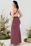 Schede Diepe V Hals Woestijn Rose Plus Size Bruiloft Gast Jurk met Criss Cross Back