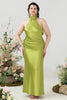 Afbeelding in Gallery-weergave laden, Schede Halter Open Back Lemon Green Plus Size Bruiloft Gast Jurk