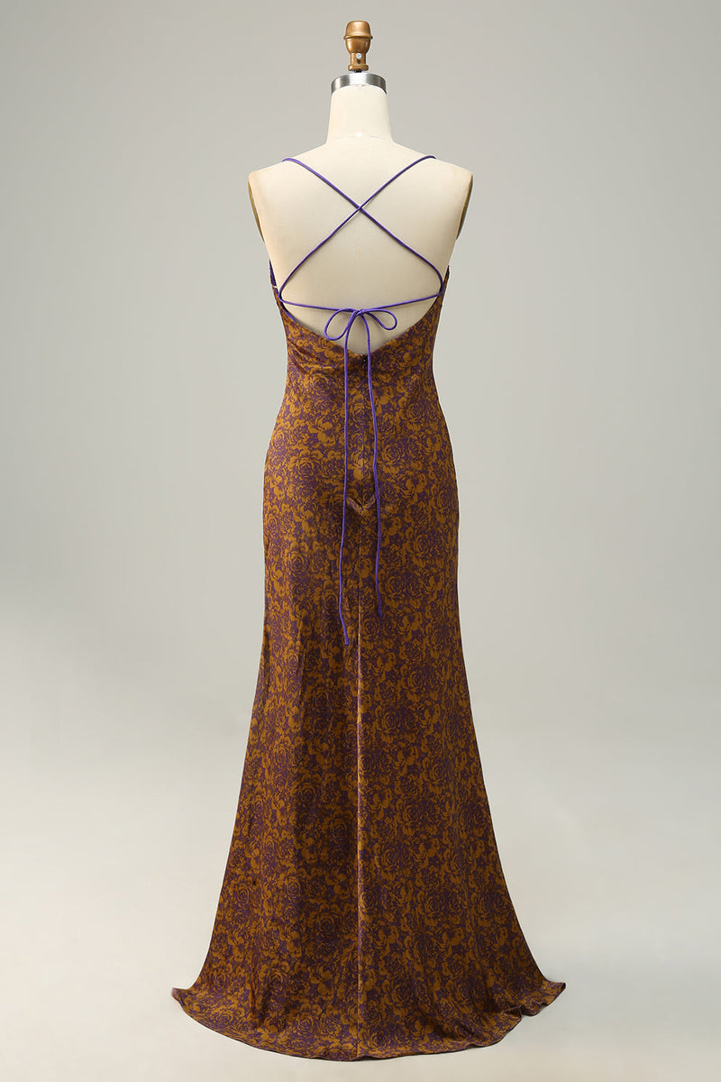 Afbeelding in Gallery-weergave laden, Bloem bedrukt bruin lang bruidsmeisje jurk