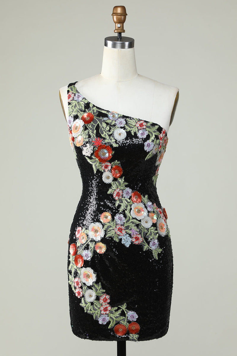 Afbeelding in Gallery-weergave laden, Een schouder zwarte pailletten kralen homecoming jurk