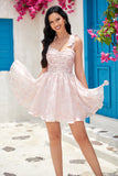 Populaire A Line Spaghetti Bandjes Blauw Bedrukte Korte Homecoming Dress
