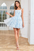 Afbeelding in Gallery-weergave laden, Een lijn leuke blush bedrukte korte homecoming jurk met ruches