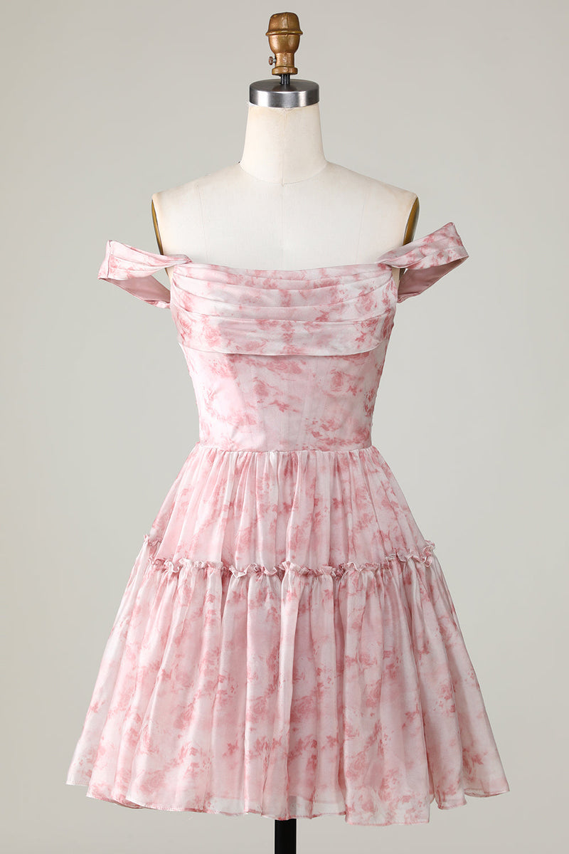 Afbeelding in Gallery-weergave laden, Een lijn leuke blush bedrukte korte homecoming jurk met ruches