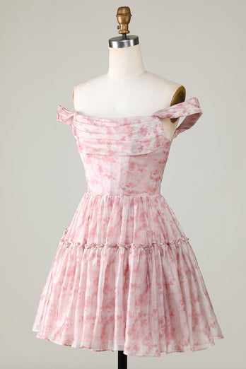Een lijn leuke blush bedrukte korte homecoming jurk met ruches