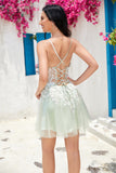 Stijlvolle A Line Dusty Sage Spaghetti Straps Homecoming Jurk Met Criss Cross Back