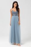 Chique romantische A Line Spaghetti Bandjes Dusty Blue Lange Bruidsmeisje Jurk met Kralen