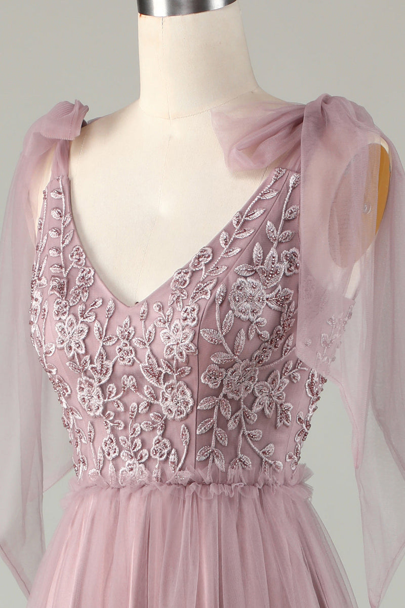 Afbeelding in Gallery-weergave laden, Tule V-hals Stoffige roze bruidsmeisjesjurk met kralen