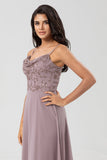 Certificably Chic A Line Spaghetti Straps Dusty Pink Lange Bruidsmeisje Jurk met Kralen