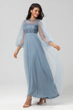 Chique romantische A Line juweel hals grijs blauw lange bruidsmeisjesjurk met lange mouwen