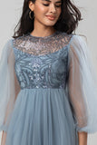 Chique romantische A Line juweel hals grijs blauw lange bruidsmeisjesjurk met lange mouwen