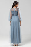 Chique romantische A Line juweel hals grijs blauw lange bruidsmeisjesjurk met lange mouwen
