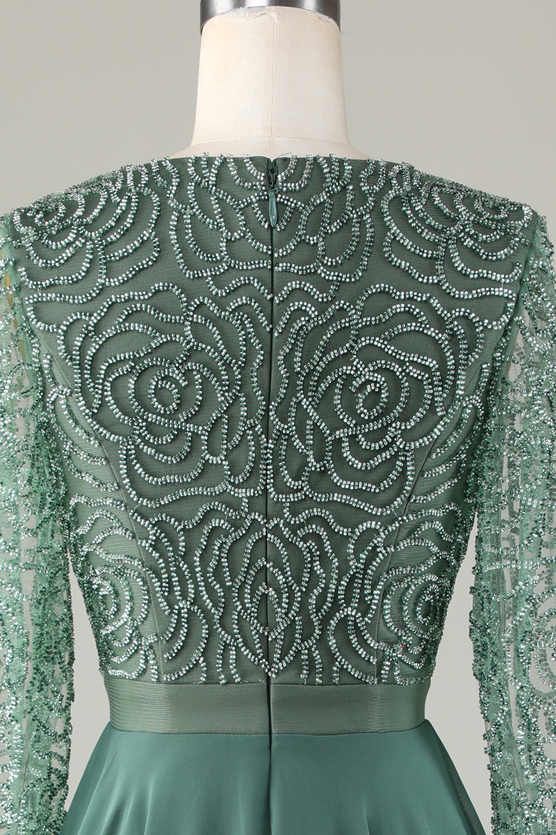 Afbeelding in Gallery-weergave laden, Een lijn eucalyptus V-hals kralen lange mouwen bruidsmeisje jurk