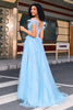 Afbeelding in Gallery-weergave laden, Prachtige A Line Off the Shoulder lichtblauwe korset Prom jurk met Feather