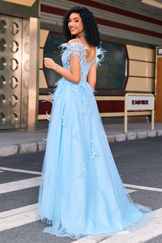 Prachtige A Line Off the Shoulder lichtblauwe korset Prom jurk met Feather