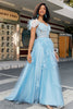 Afbeelding in Gallery-weergave laden, Prachtige A Line Off the Shoulder lichtblauwe korset Prom jurk met Feather