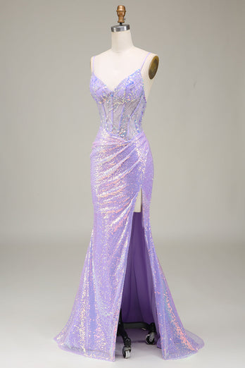 Sprankelende zeemeermin Lichtpaars korset Prom jurk met split