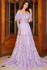 Afbeelding in Gallery-weergave laden, Prachtige A Line Off the Shoulder Lila Floral lange Prom jurk met ruches