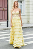 Afbeelding in Gallery-weergave laden, Prachtige A lijn Sweetheart gele korset Prom jurk met appliques ruches