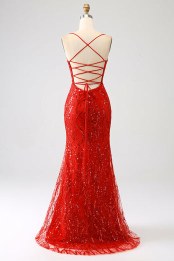 Glitter rode zeemeermin lange pailletten Prom jurk met split