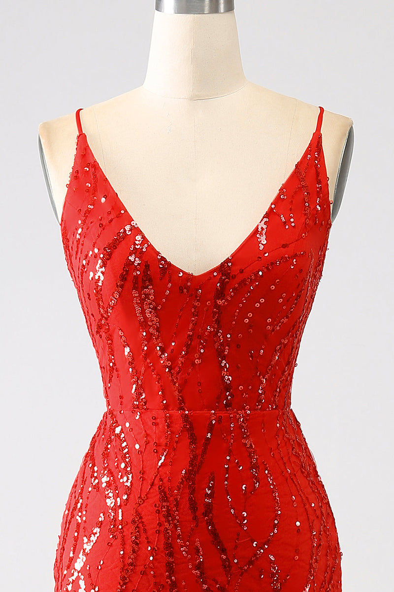 Afbeelding in Gallery-weergave laden, Glitter rode zeemeermin lange pailletten Prom jurk met split