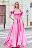 Afbeelding in Gallery-weergave laden, Prinses A Line Square Neck Hot Pink Long Prom Dress met pofmouwen