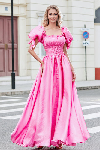 Prinses A Line Square Neck Hot Pink Long Prom Dress met pofmouwen