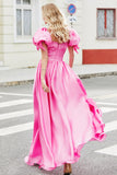 Prinses A Line Square Neck Hot Pink Long Prom Dress met pofmouwen