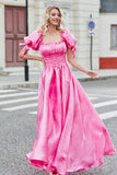 Prinses A Line Square Neck Hot Pink Long Prom Dress met pofmouwen