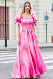 Prinses A Line Square Neck Hot Pink Long Prom Dress met pofmouwen