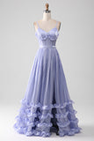 Lavendel Spaghetti Bandjes A Line Ruches Prom Dress met Split