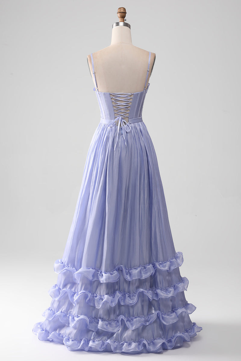 Afbeelding in Gallery-weergave laden, Lavendel Spaghetti Bandjes A Line Ruches Prom Dress met Split