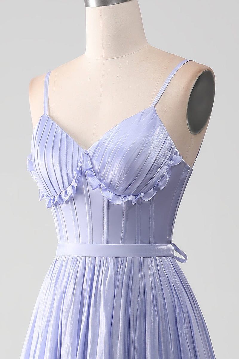 Afbeelding in Gallery-weergave laden, Lavendel Spaghetti Bandjes A Line Ruches Prom Dress met Split
