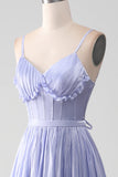 Lavendel Spaghetti Bandjes A Line Ruches Prom Dress met Split